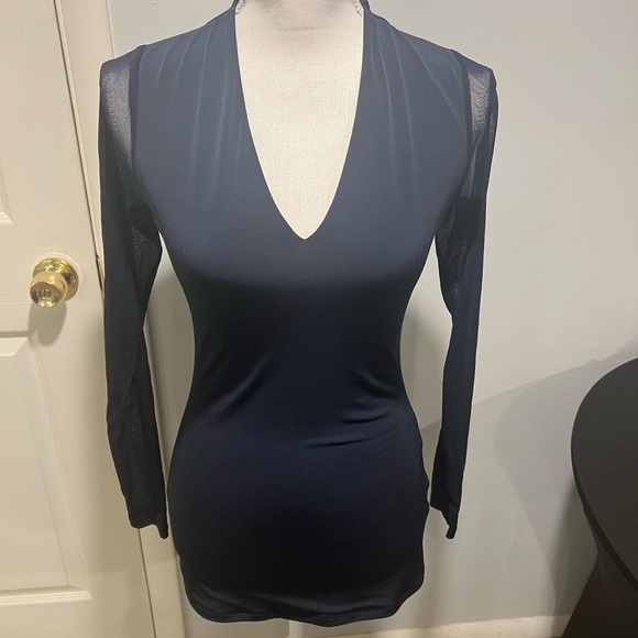 {INC} V-neck Navy Blue Long Sleeved Blouse - Picture 1 of 3